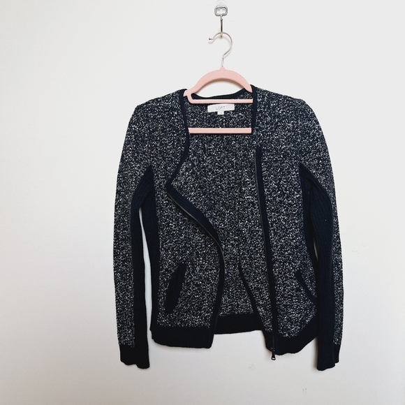 Loft Black Tweed Asymmetrical Full Zip Moto Sweater Jacket Size Small - Picture 4 of 11